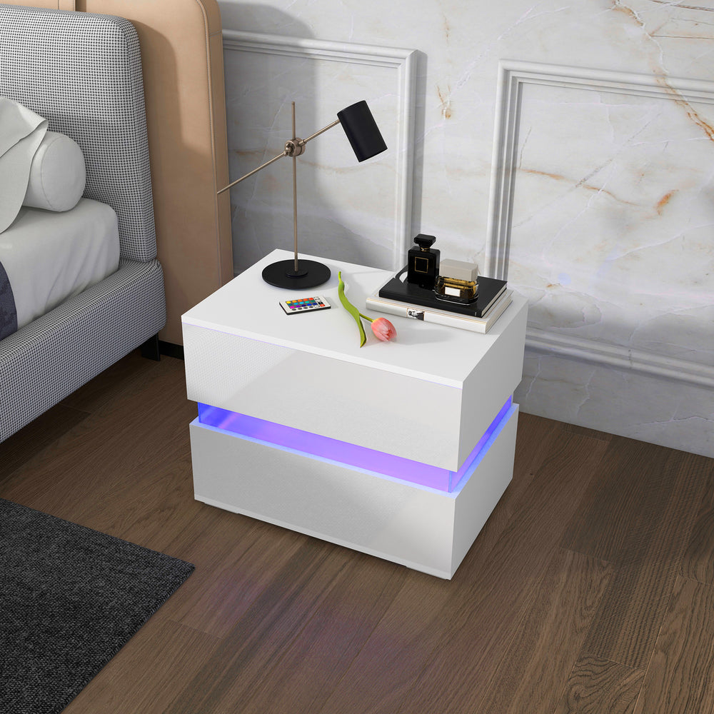 Table de chevet moderne avec 2 tiroirs et éclairage LED RVB, blanc
