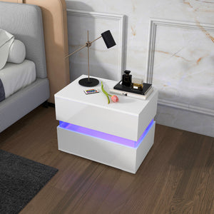 Table de chevet moderne avec 2 tiroirs et éclairage LED RVB, blanc