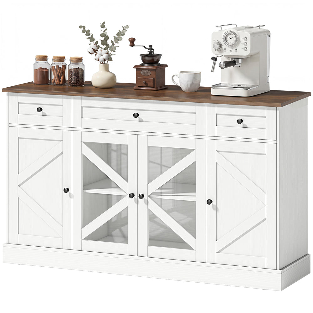 Buffet de cuisine de style campagnard avec portes coulissantes en acrylique et 3 tiroirs, finition bois blanc.