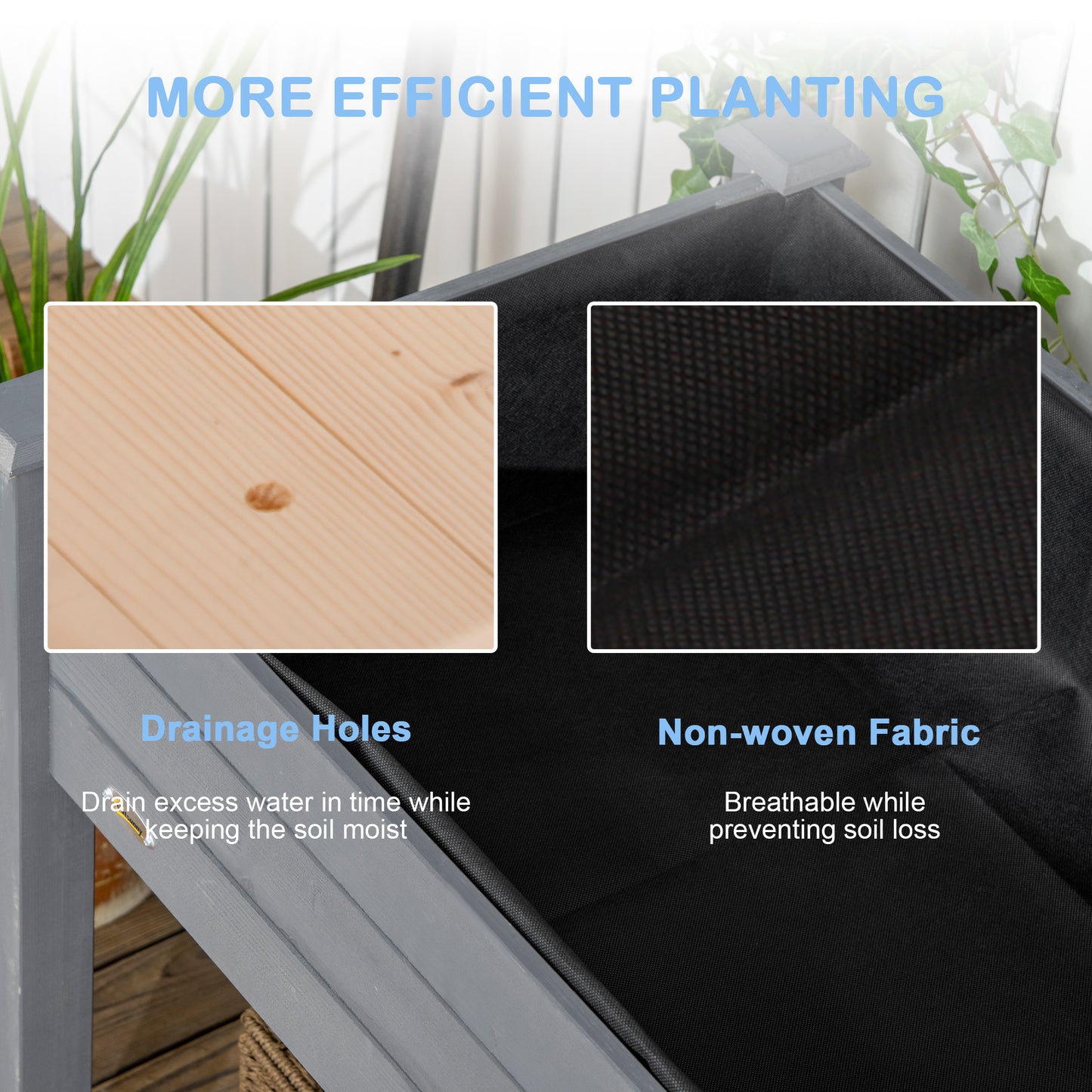Outsunny Wooden Raised Bed 86 x 45 x 76 cm, Raised Planter with Legs, Drainage Holes, Inner Bag for Garden, Dark Grey