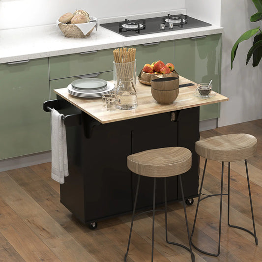 HOMCOM Kitchen Island with Power Outlet and Drop Leaf, Rolling Kitchen Cart with 2 Drawers and Adjustable Shelves, Black