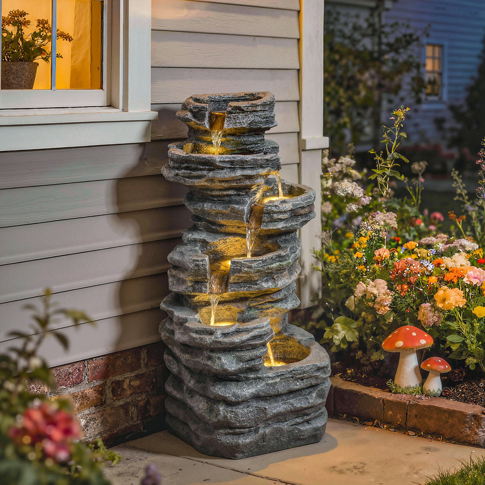 6-Tier Outdoor Fountain with LED Lighting, Resin with Pump, Grey