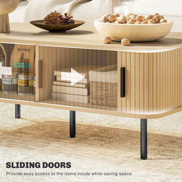 Table d'appoint nordique avec portes coulissantes à lattes et pieds en acier pour salon, couleur chêne
