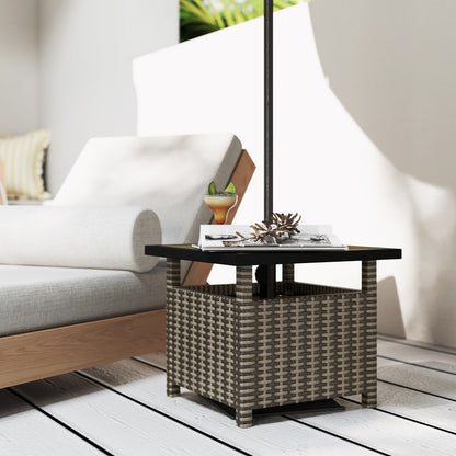 Outsunny 55cm Square Rattan Table with Umbrella Hole, Outdoor Patio Side Table, Can Be Used as an Umbrella Stand, Grey Mix