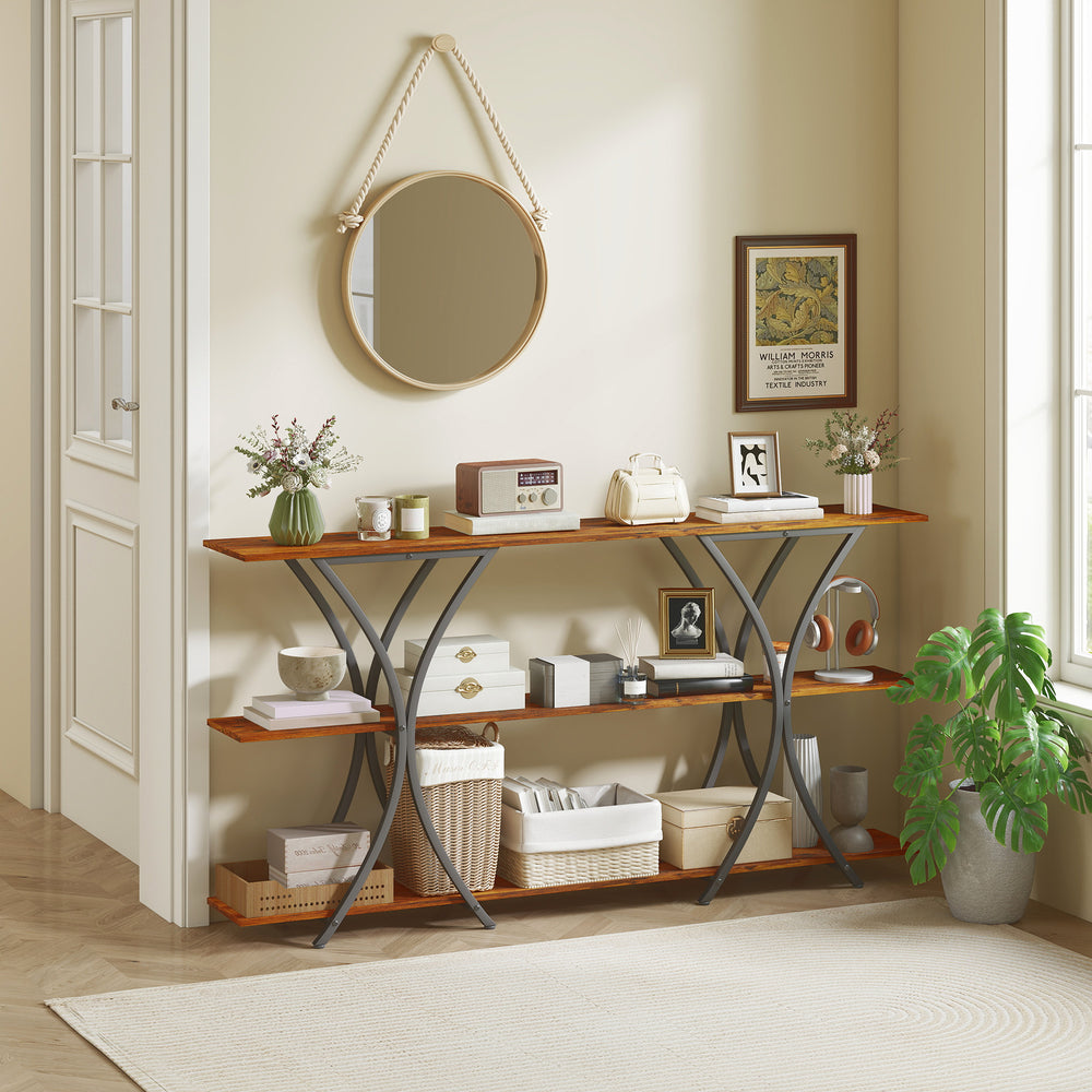 Industrial 3-tier entryway console with 2 storage shelves for living room or hallway, rustic brown