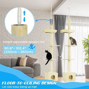 Arbre à chat du sol au plafond avec griffoir, maison et lit, beige