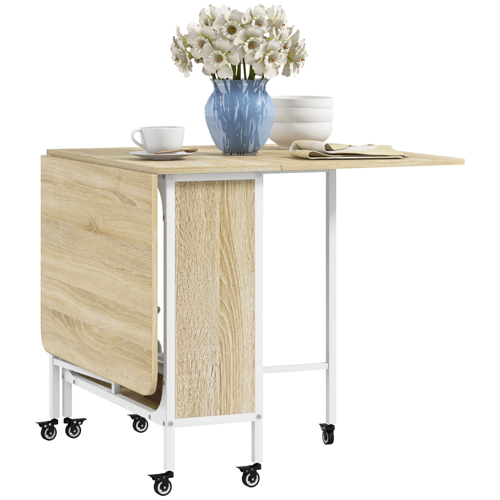 Extendable Folding Dining Table for Small Spaces, 6 Casters, Natural Wood