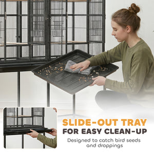 56"H Bird Cage, Parrot Cage with Detachable Rolling Stand, Removable Tray, Storage Shelf, Perches, Food Container