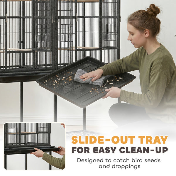 56"H Bird Cage, Parrot Cage with Detachable Rolling Stand, Removable Tray, Storage Shelf, Perches, Food Container