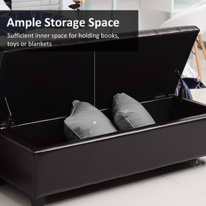 Banc de rangement rembourré brun de 51 po avec coffre intégré – Pouf capitonné en similicuir