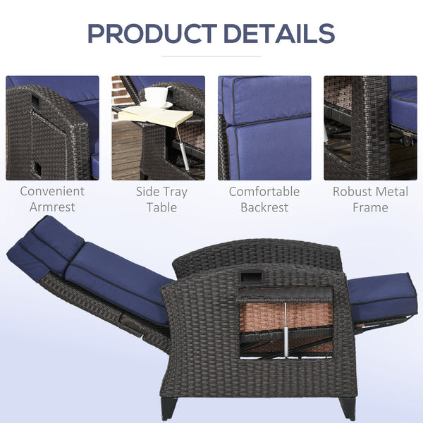 Outdoor Recliner Chair with Adjustable Backrest, Cushion, Side Tray, Blue