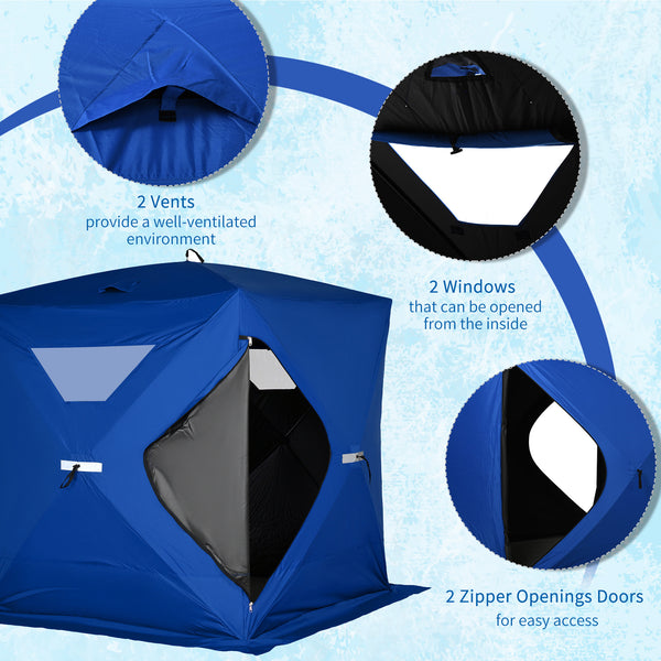 Portable ice fishing shelter for 2 to 4 people, with windproof windows and carrying bag, blue.
