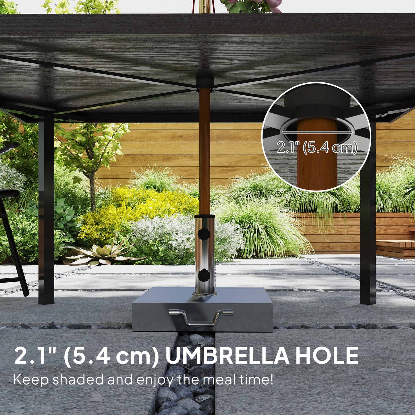 Outsunny Outdoor Dining Table with 5.3cm Umbrella Hole, Steel Patio Table for 6 People, Dark Brown