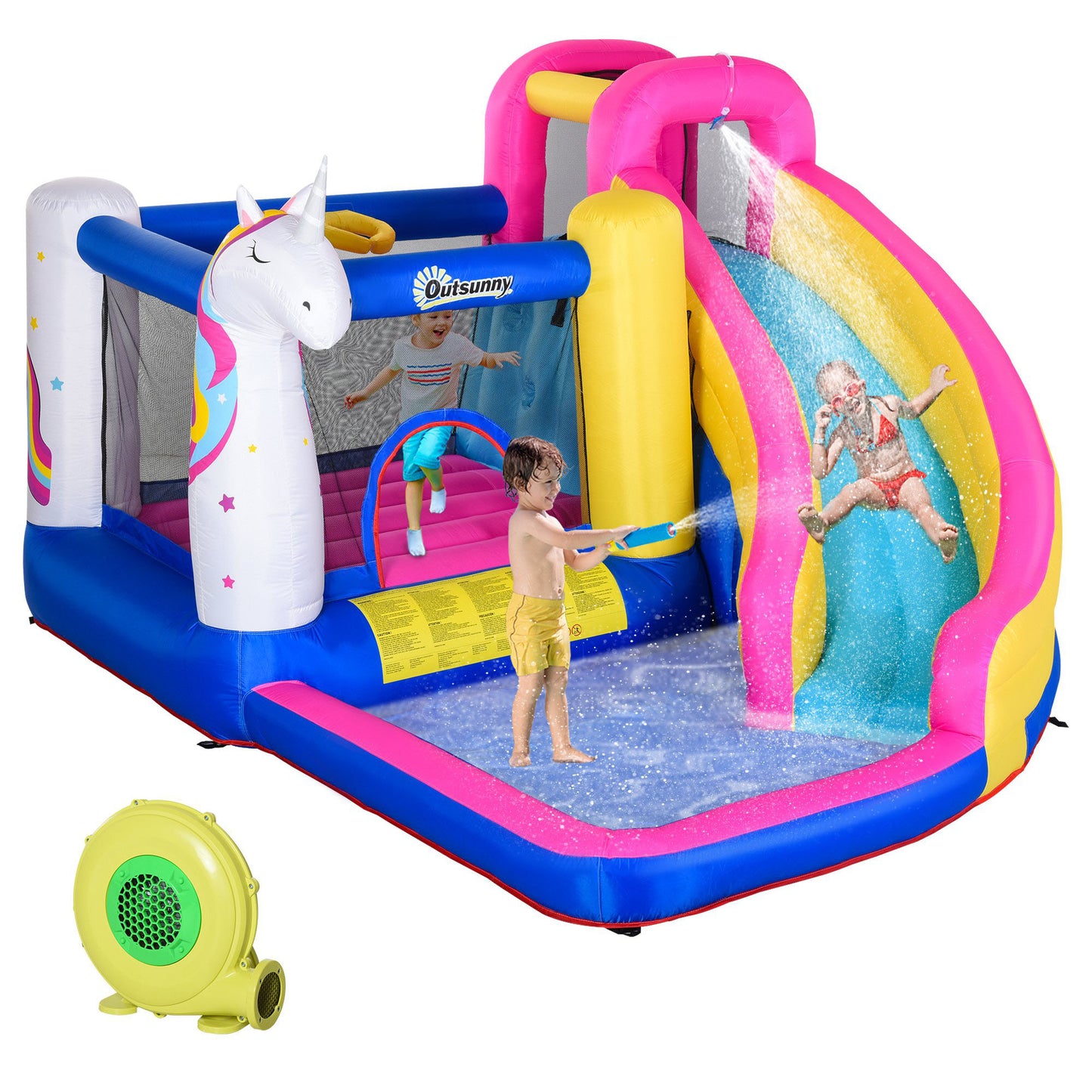 Outsunny Kids 5 in 1 Bouncy Castle, Trampoline, Slide, Pool, Climbing Wall with Inflator for Kids 3-12 Years Old, Summer, 37.5 x 21.6 x 20.5 cm, Multicolor