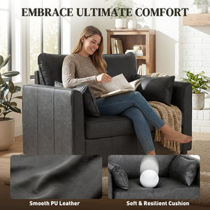 Faux leather accent chair with wide seat, spring cushion, rubberwood legs, 2 pillows, black