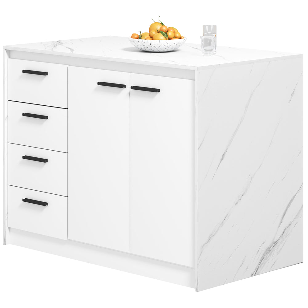 Îlot de cuisine avec meuble de rangement, 4 tiroirs et étagère réglable effet imitation marbre et blanc