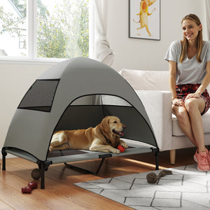 Elevated bed with canopy, steel frame and washable mesh, light gray