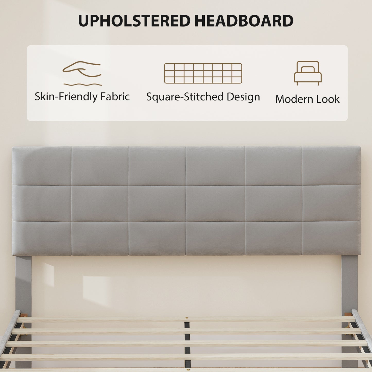 Base de lit Queen Size avec tête de lit rembourrée, gris