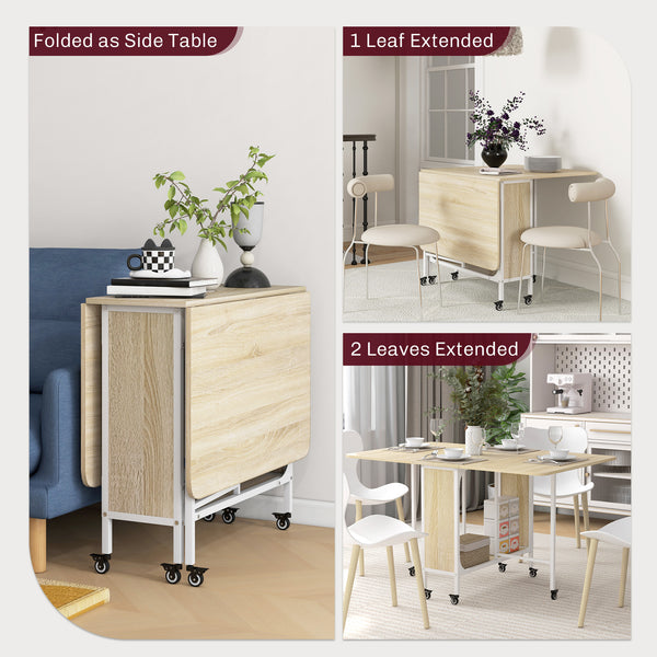 Table de salle à manger pliante extensible pour petits espaces, 6 roulettes, bois naturel