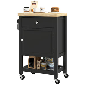 Îlot de cuisine sur roulettes avec plateau en bois, porte-serviettes, tiroir et étagère, noir