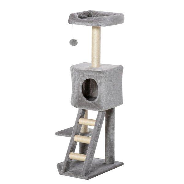 Arbre à chat de 119 cm de haut avec niche, échelle, griffoirs et boule suspendue, gris clair