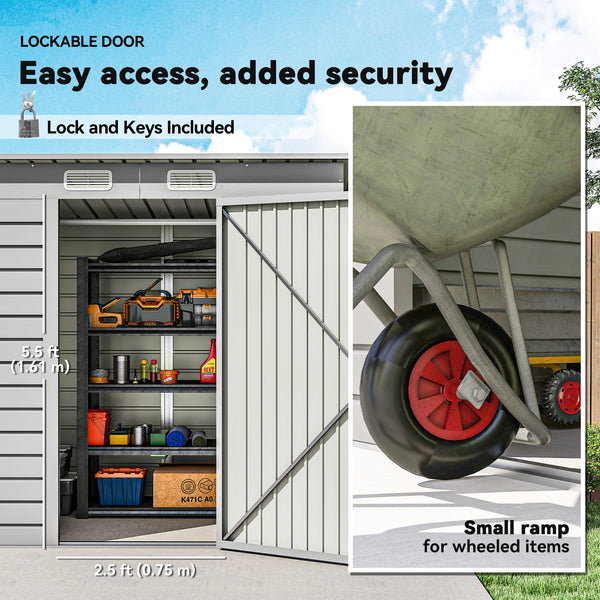 Abri de jardin galvanisé en métal avec double porte et 2 aérations, gris clair