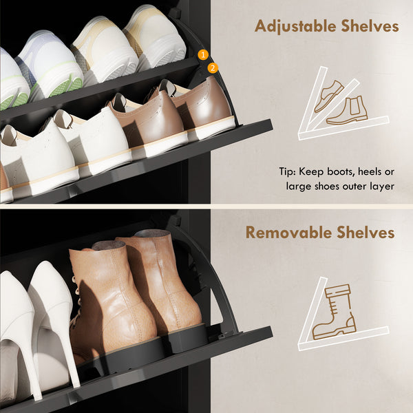 Shoe cabinet with 2 tilt-out drawers and adjustable shelves for 8 to 12 pairs of shoes, black