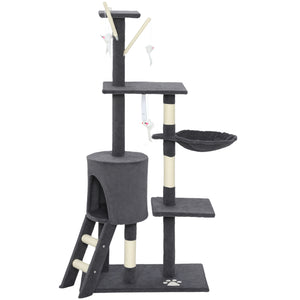 Cat tree with scratching posts, cat house, perches, ladder, hammock, hanging toys, dark grey