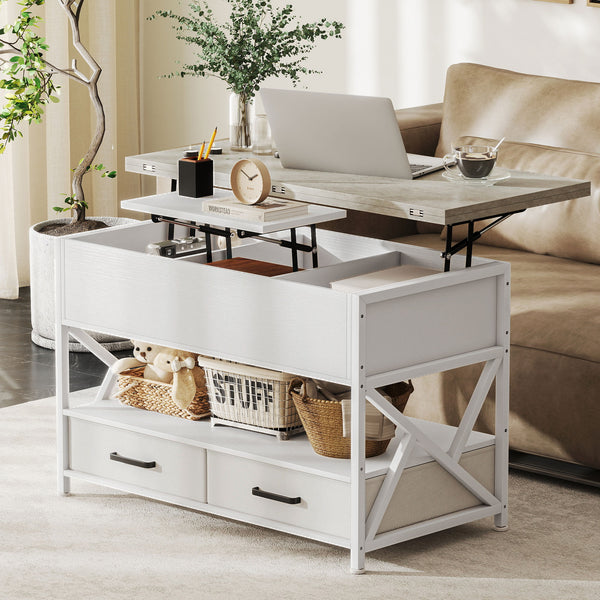 Table basse relevable avec double plateau ajustable, rangement caché et 2 tiroirs – Blanc et gris ciment