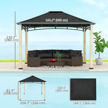 Gazebo 10' x 12' à toit rigide avec toit en métal, structure en grain de bois, auvent d'extérieur pour patio,