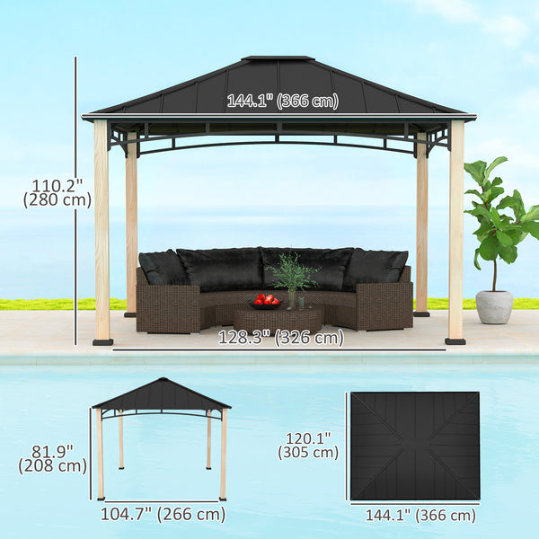Gazebo 10' x 12' à toit rigide avec toit en métal, structure en grain de bois, auvent d'extérieur pour patio,