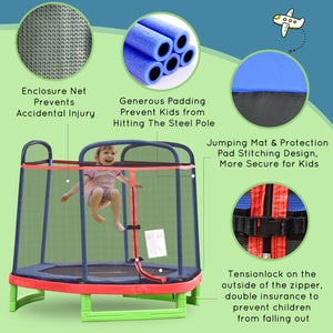 7ft Trampoline with Safety Enclosure, Built-in Zipper, Red