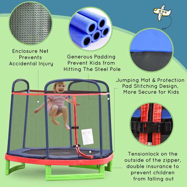 7ft Trampoline with Safety Enclosure, Built-in Zipper, Red