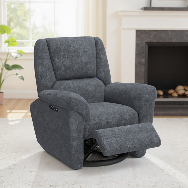Fauteuil inclinable électrique, revêtement en tissu, ports USB, fonction pivotante et à bascule, repose-pieds, gris foncé
