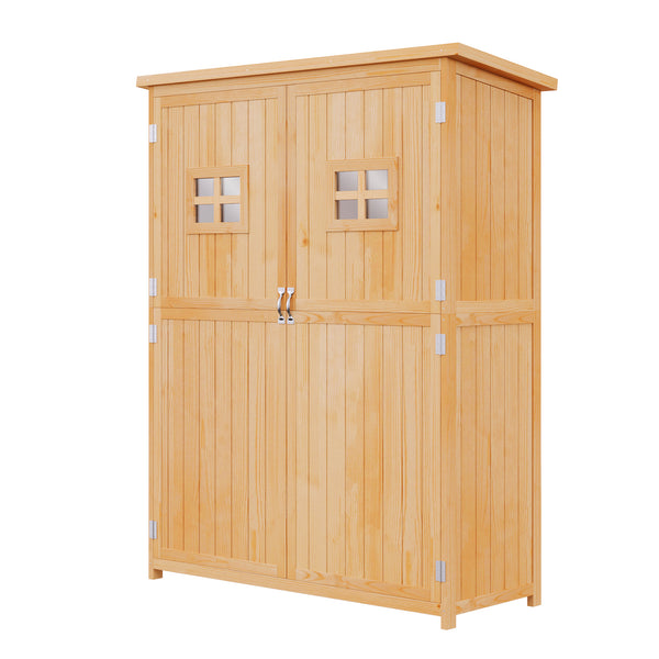 Abri de jardin en bois avec fenêtres et double porte, bois naturel