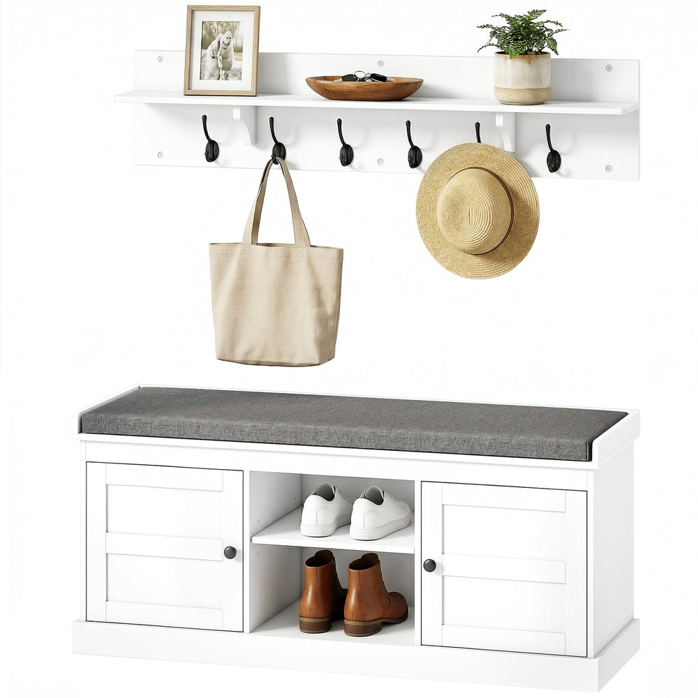 Ensemble 2 en 1 : porte-manteau et banc à chaussures avec 6 crochets et rangement pour chaussures, blanc et gris.