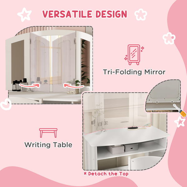 Coiffeuse 2 en 1 avec miroir pliable en trois parties, tabouret et étagère de rangement, blanche