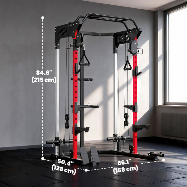 Cage de musculation avec système de poulies réglables, barre de traction, station de dips, barre de traction Landmine