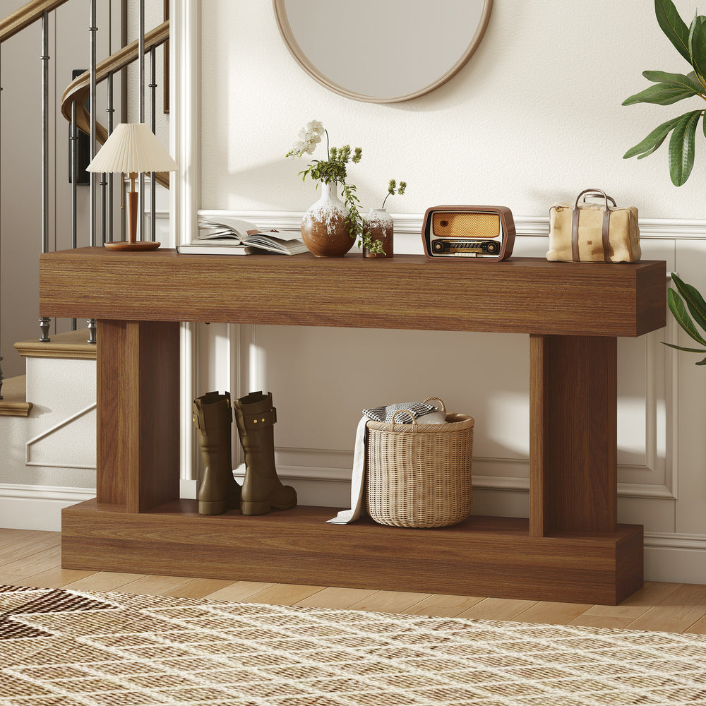 Console style vintage, étroite, avec étagère de rangement, marron foncé