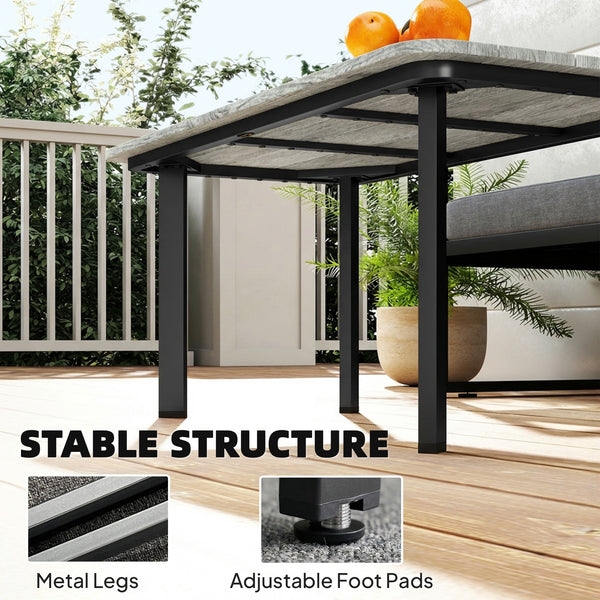 Slat-top wood-plastic composite patio coffee table with steel frame, grey