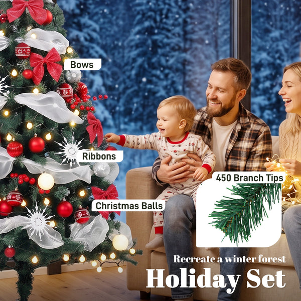 5ft Prelit Christmas Tree Spruce, Remote, Hinged, Artificial Xmas Tree with 8 Modes, 450 Tips, 150 LEDs, Green Red