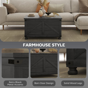Table basse avec plateau relevable de style campagnard avec compartiment caché pour le salon, grain de bois noir