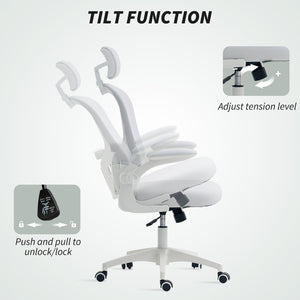 Mesh Office Chair with Adjustable Headrest, 4D Lumbar Support, Flip-up Armrests, White