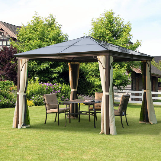 10 x 10 ft Hardtop Gazebo, Heavy Duty Shelter, Sun Shade with Curtain, Beige and Coffee 