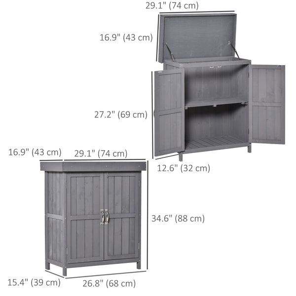 Wooden garden shed with hinged roof, 2-tier shelves and double door