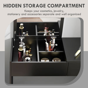 Coiffeuse moderne avec miroir rabattable et tabouret rembourré, noir