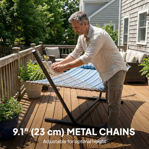 Hamac avec support robuste avec structure en acier pour terrasse et jardin, bleu et blanc