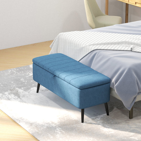 Pouf avec rangement rembourré en lin avec pieds en acier, bleu foncé