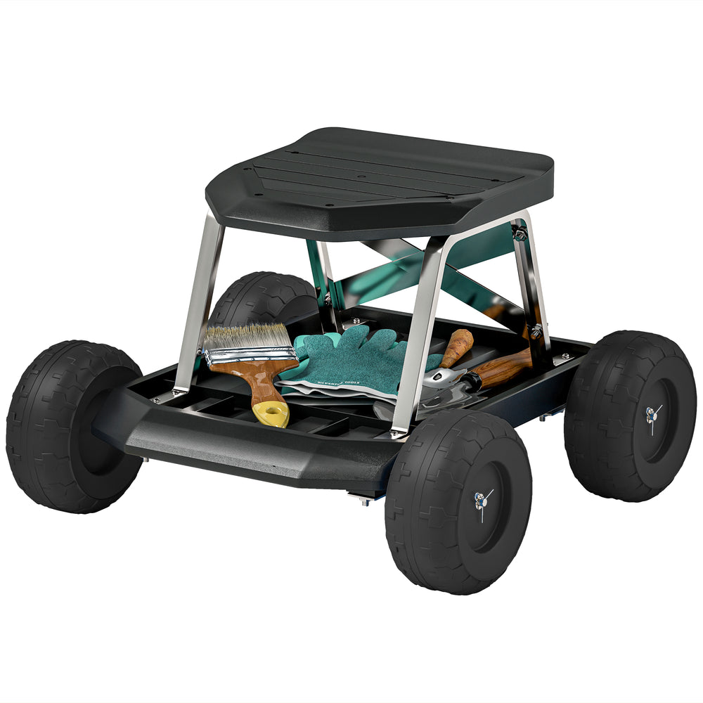 Tabouret de jardin roulant avec plateau porte-outils intégré