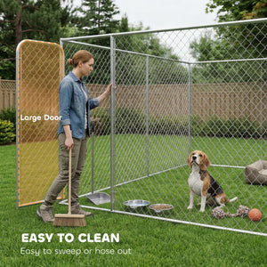 Dog park with gate, galvanized steel structure.